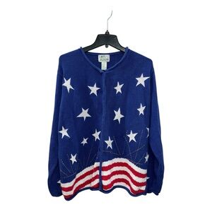 VTG Quacker Factory XL‎ Blue Red White Stars Stripes USA Flag Patriotic Cardigan